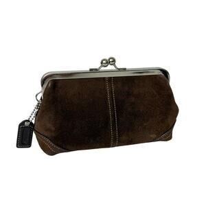 Coach Kisslock Suede Mini Pouch Clutch Brown with Silver-Tone Hardware